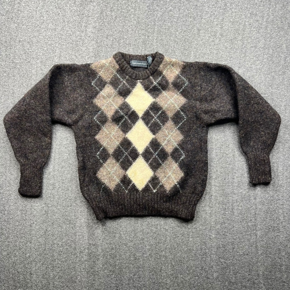 Christopher Hayes Sweater Women Medium Brown Argyle Crew Neck Long Sleeve Fuzzy